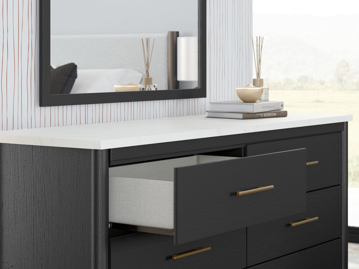 Cadmori 7-Piece Full Upholstered Panel Bed with Mirrored Dresser, Chest and Nightstand (Platform Full Roll Slats, Full Panel Footboard with Rails, Full Upholstered Panel Headboard, Dresser, Bedroom Mirror, Chest of Drawers, Nightstand)