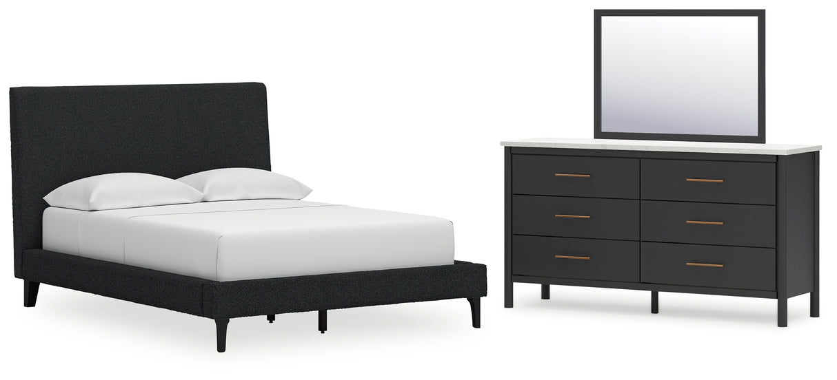 Cadmori 3-Piece Full Upholstered Bed with Mirrored Dresser (Full Upholstered Bed with Roll Slats, Dresser, Bedroom Mirror)