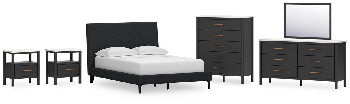 Cadmori 6-Piece Full Upholstered Bed with Mirrored Dresser, Chest and 2 Nightstands (Full Upholstered Bed with Roll Slats, Dresser, Bedroom Mirror, Chest of Drawers, Nightstand, Nightstand)