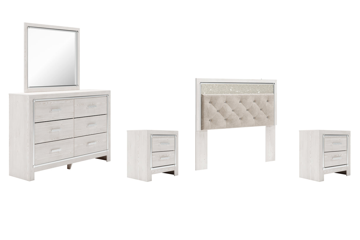 Altyra 5-Piece Queen Panel Headboard with Mirrored Dresser and 2 Nightstands (Queen Upholstered Panel Headboard, Dresser, Bedroom Mirror, Nightstand, Nightstand)