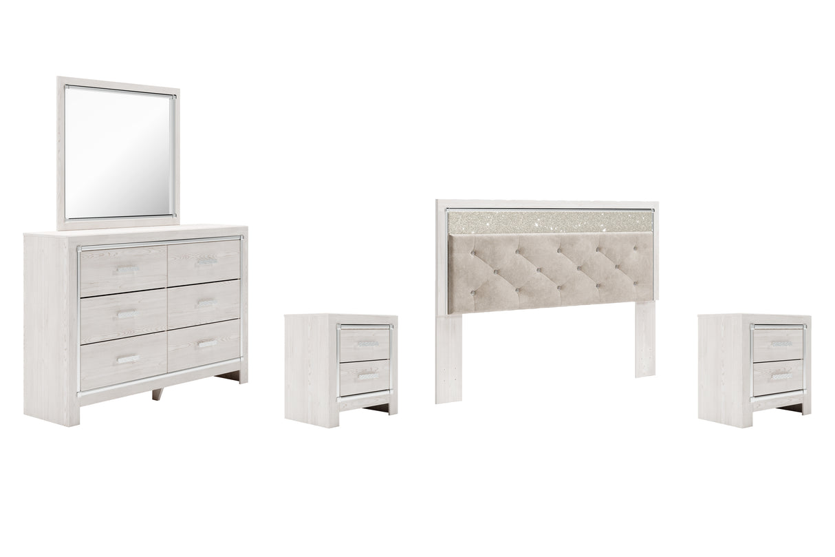 Altyra 6-Piece King Panel Headboard with Mirrored Dresser, Chest and 2 Nightstands (King/California King Upholstered Panel Headboard, Dresser, Bedroom Mirror, Chest of Drawers, Nightstand, Nightstand)