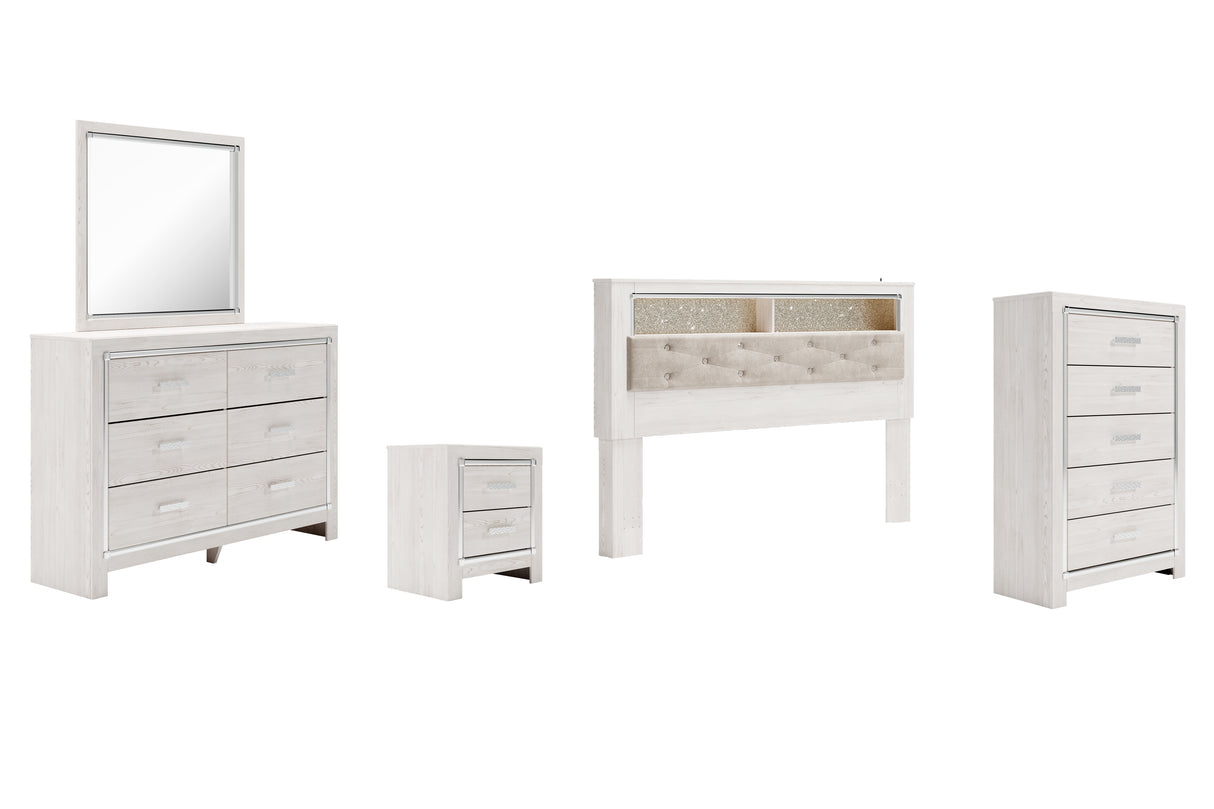 Altyra 5-Piece King Bookcase Headboard with Mirrored Dresser, Chest and Nightstand (King Upholstered Panel Bookcase Headboard, Dresser, Bedroom Mirror, Chest of Drawers, Nightstand)