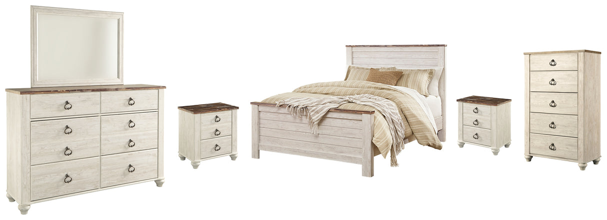 Willowton Queen Panel Bed, Dresser, Mirror, Chest and 2 Nightstands (Bed Size: Queen)