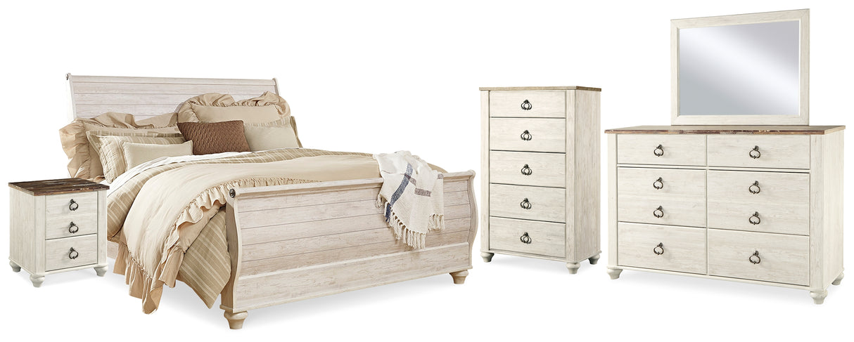 Willowton King Sleigh Bed, Dresser, Mirror, Chest and 2 Nightstands (Bed Size: King)