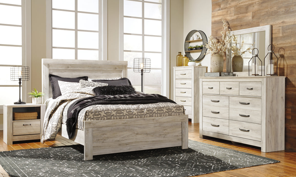 Bellaby 7-Piece Queen Panel Bed with Mirrored Dresser, Chest and Nightstand (Queen Panel Footboard, Queen Panel Headboard, Queen Panel Rails, Dresser, Bedroom Mirror, Chest of Drawers, Nightstand)