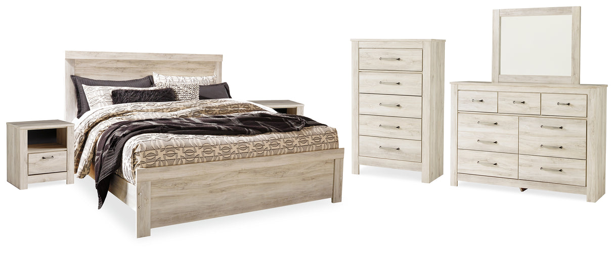 Bellaby King Panel Bed, Dresser, Mirror, Chest and 2 Nightstands (Bed Size: King)