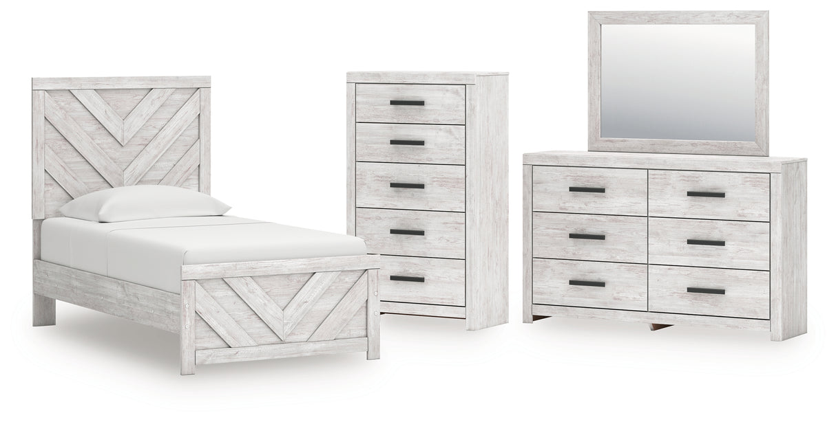 Cayboni 5-Piece Twin Panel Bed with Mirrored Dresser and Chest (Twin Panel Headboard/Footboard, Twin Panel Rails, Dresser, Bedroom Mirror, Chest of Drawers)