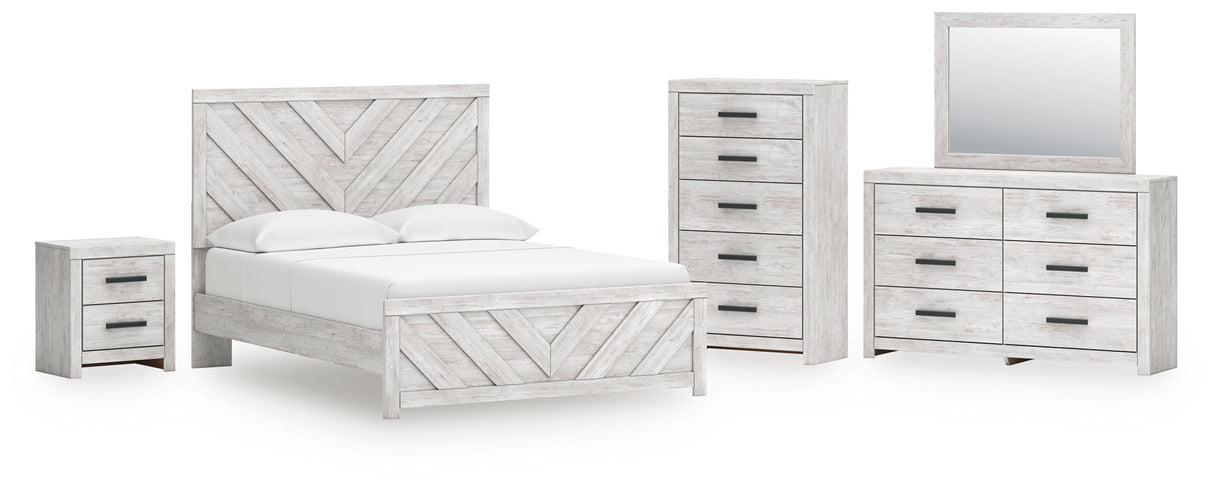 Cayboni 6-Piece Queen Panel Bed with Mirrored Dresser, Chest and Nightstand (Queen Panel Headboard/Footboard, Queen Panel Rails, Dresser, Bedroom Mirror, Chest of Drawers, Nightstand)