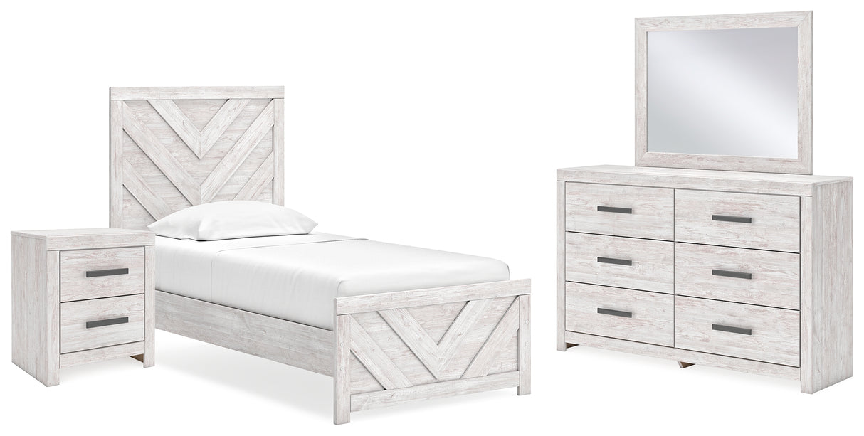 Cayboni 5-Piece Twin Panel Bed with Mirrored Dresser and Nightstand (Twin Panel Headboard/Footboard, Twin Panel Rails, Dresser, Bedroom Mirror, Nightstand)
