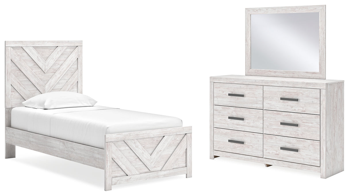 Cayboni 4-Piece Twin Panel Bed with Mirrored Dresser (Twin Panel Headboard/Footboard, Twin Panel Rails, Dresser, Bedroom Mirror)