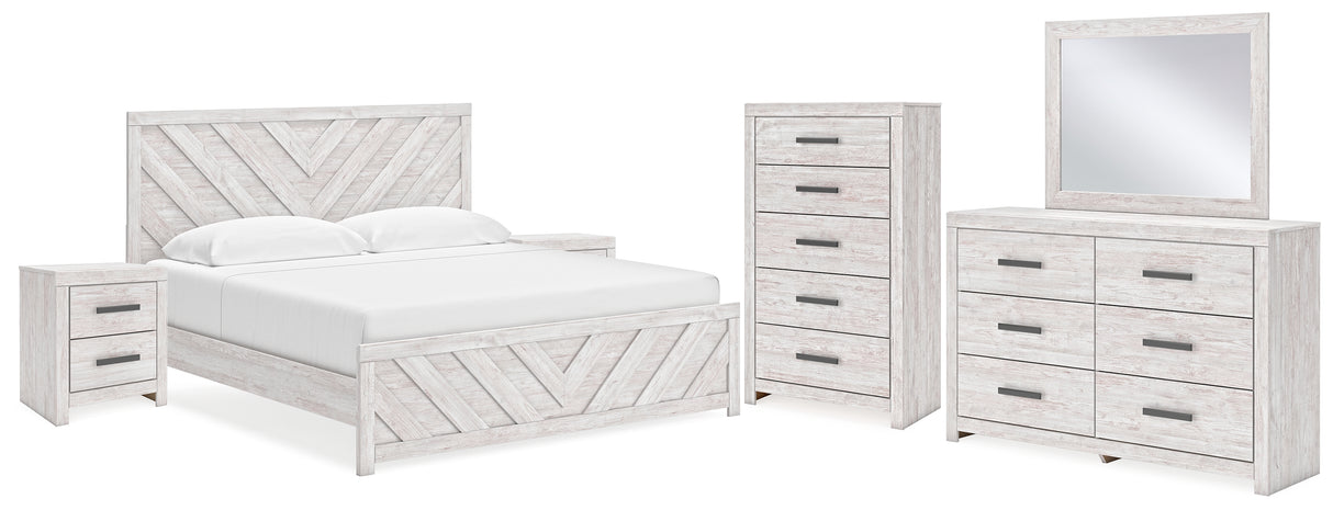 Cayboni 7-Piece King Panel Bed with Mirrored Dresser, Chest and 2 Nightstands (King Panel Headboard/Footboard, King Panel Rails, Dresser, Bedroom Mirror, Chest of Drawers, Nightstand, Nightstand)
