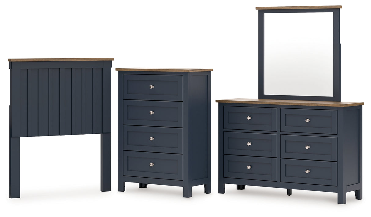 Landocken 4-Piece Twin Panel Headboard with Mirrored Dresser and Chest (Twin Panel Headboard, Dresser, Bedroom Mirror, Chest of Drawers)