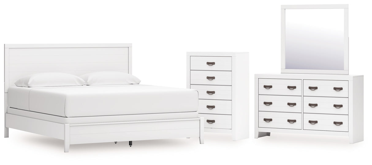 Binterglen 5-Piece King Panel Bed with Mirrored Dresser and Chest (King/California King Panel Headboard/Footboard and Slats, Queen/King Panel Rails, Dresser, Bedroom Mirror, Chest of Drawers)
