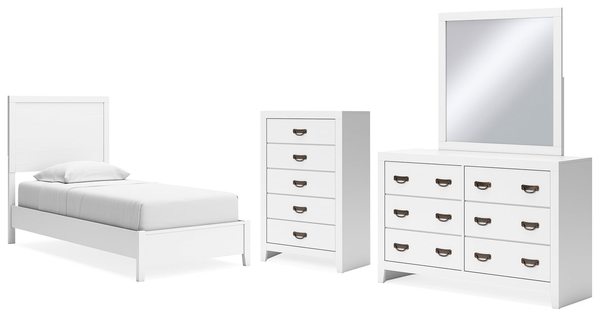 Binterglen 5-Piece Twin Panel Bed with Mirrored Dresser and Chest (Twin Panel Headboard/Footboard and Slats, Twin/Full Bed Rails, Dresser, Bedroom Mirror, Chest of Drawers)