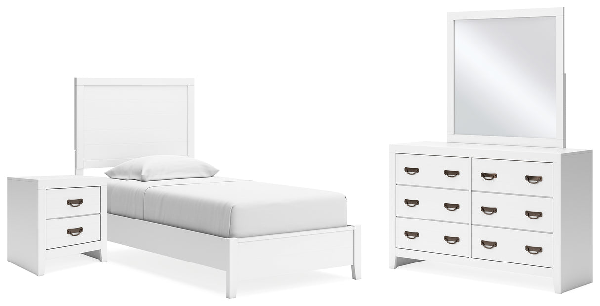 Binterglen 5-Piece Twin Panel Bed with Mirrored Dresser and Nightstand (Twin Panel Headboard/Footboard and Slats, Twin/Full Bed Rails, Dresser, Bedroom Mirror, Nightstand)