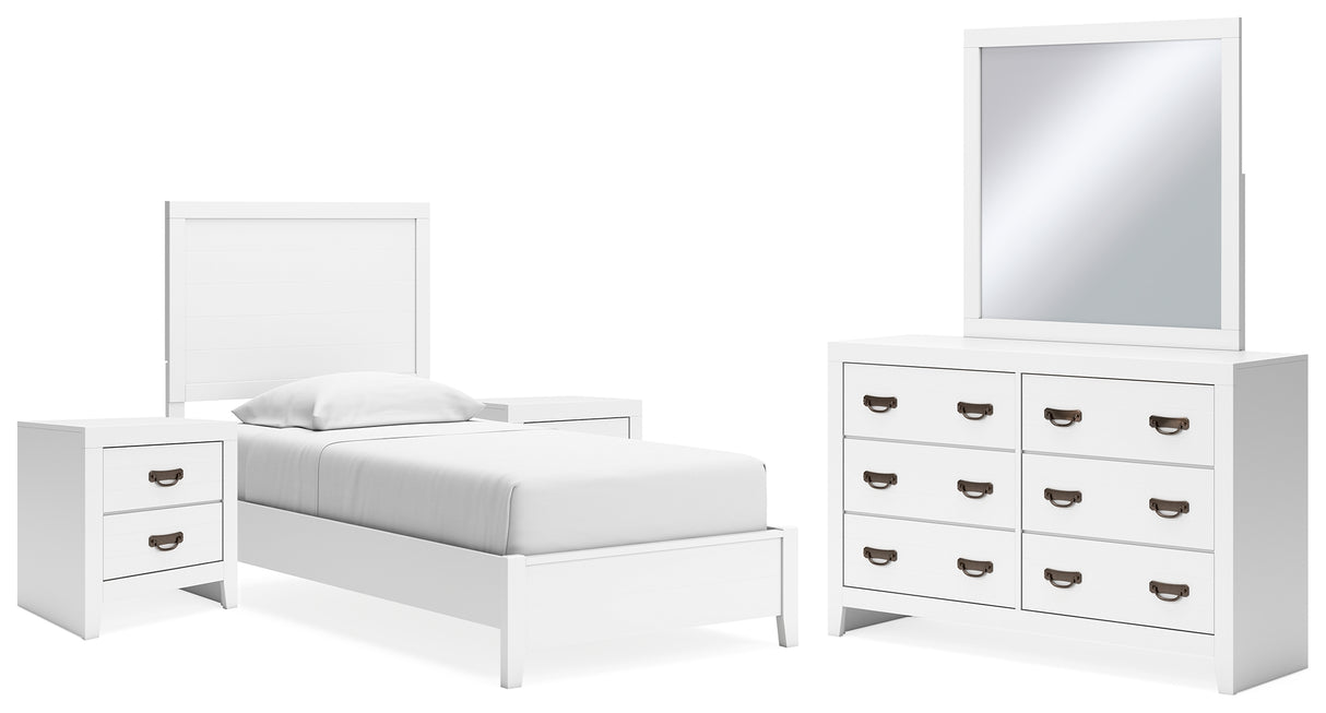 Binterglen 6-Piece Twin Panel Bed with Mirrored Dresser and 2 Nightstands (Twin Panel Headboard/Footboard and Slats, Twin/Full Bed Rails, Dresser, Bedroom Mirror, Nightstand, Nightstand)