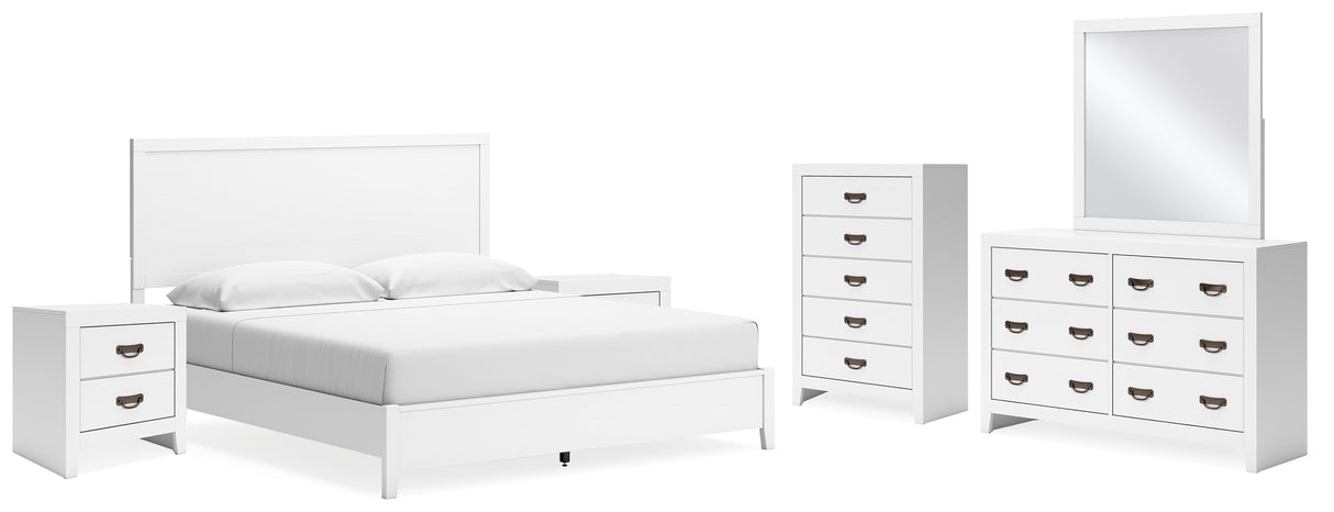 Binterglen 7-Piece King Panel Bed with Mirrored Dresser, Chest and 2 Nightstands (King/California King Panel Headboard/Footboard and Slats, Queen/King Panel Rails, Dresser, Bedroom Mirror, Chest of Drawers, Nightstand, Nightstand)