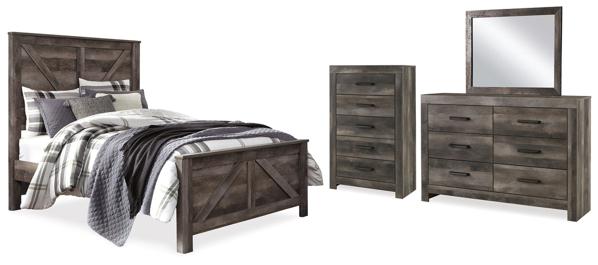 Wynnlow 6-Piece Queen Crossbuck Panel Bed with Mirrored Dresser and Chest (Queen Crossbuck/Poster Rails, Queen Crossbuck Panel Footboard, Queen Crossbuck Panel Headboard, Dresser, Bedroom Mirror, Chest of Drawers)
