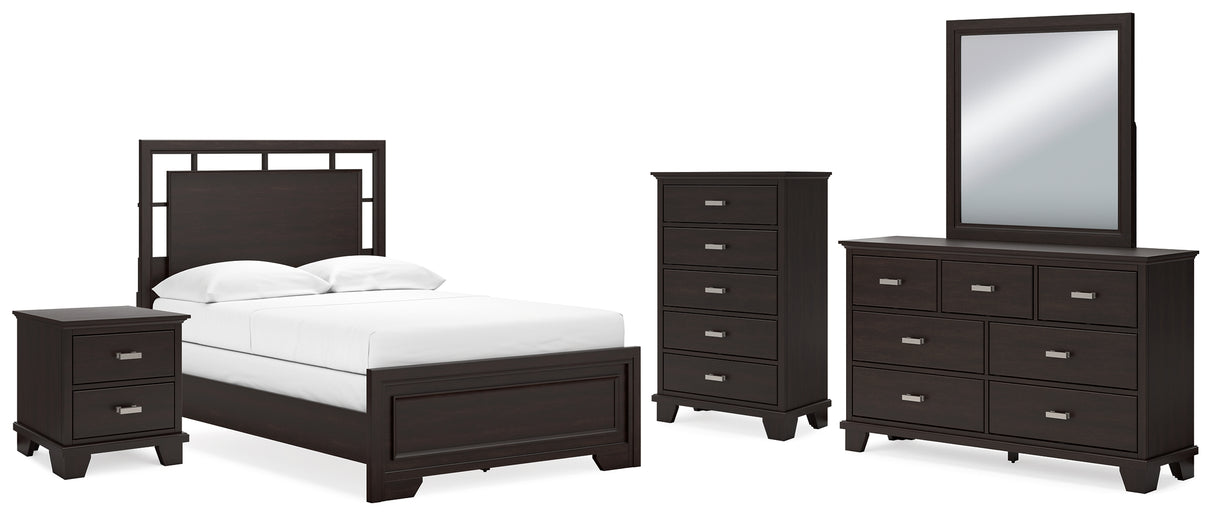Covetown 6-Piece Full Panel Bed with Mirrored Dresser, Chest and Nightstand (Twin/Full Bed Rails, Full Panel Headboard/Footboard and Slats, Dresser, Bedroom Mirror, Chest of Drawers, Nightstand)