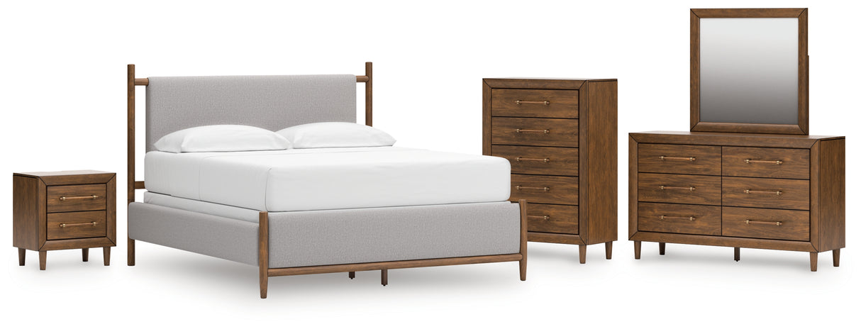 Lyncott 6-Piece Queen Upholstered Bed with Mirrored Dresser, Chest and Nightstand (Queen Upholstered Headboard/Footboard/Slats, Queen/King Upholstered Rails, Dresser, Bedroom Mirror, Chest of Drawers, Nightstand)