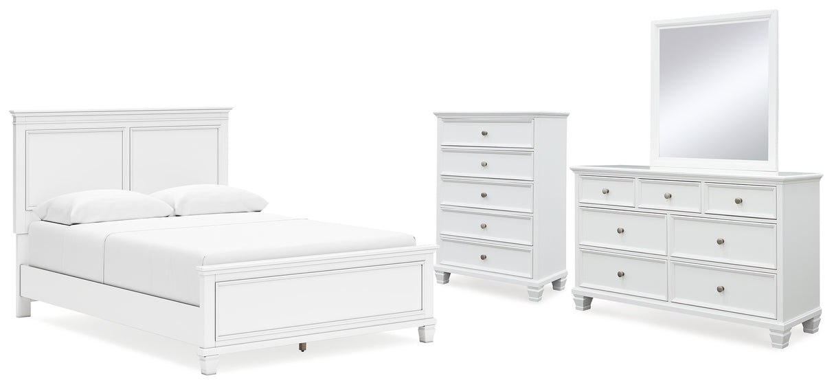 Fortman 6-Piece Queen Panel Bed with Mirrored Dresser and Chest (Queen Panel Footboard, Queen Panel Headboard, Queen/King Panel Rails, Dresser, Bedroom Mirror, Chest of Drawers)