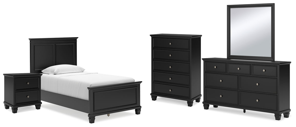 Lanolee 7-Piece Twin Panel Bed with Mirrored Dresser, Chest and Nightstand (Twin Panel Footboard, Twin Panel Headboard, Twin/Full Panel Rails, Dresser, Bedroom Mirror, Nightstand, Chest of Drawers)