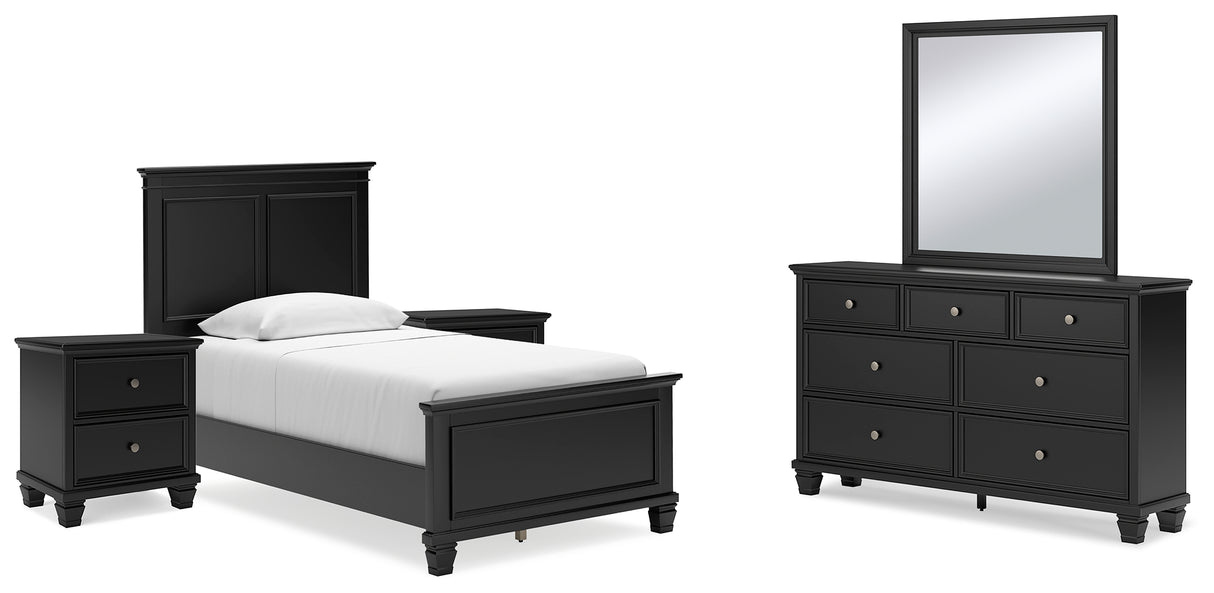 Lanolee 7-Piece Twin Panel Bed with Mirrored Dresser and 2 Nightstands (Twin Panel Footboard, Twin Panel Headboard, Twin/Full Panel Rails, Dresser, Bedroom Mirror, Nightstand, Nightstand)
