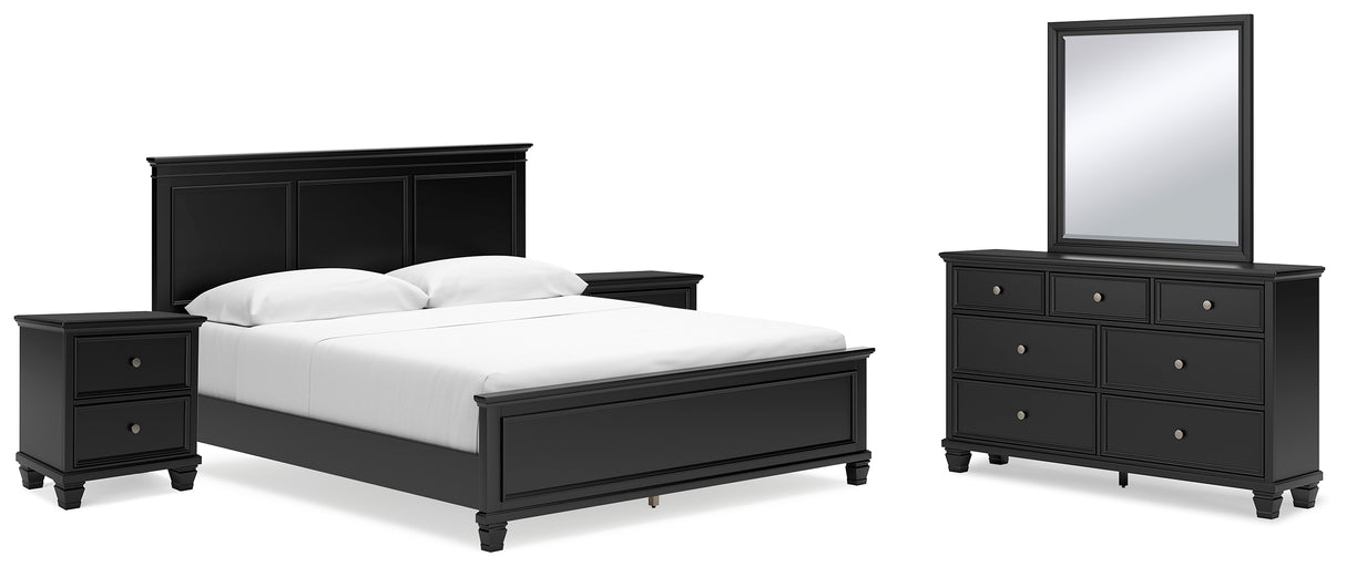 Lanolee 7-Piece California King Panel Bed with Mirrored Dresser and 2 Nightstands (King/California King Panel Footboard, King/California King Panel Headboard, California King Panel Rails, Dresser, Bedroom Mirror, Nightstand, Nightstand)