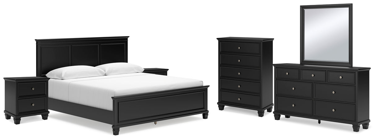 Lanolee 8-Piece King Panel Bed with Mirrored Dresser, Chest and 2 Nightstands (King/California King Panel Footboard, King/California King Panel Headboard, Queen/King Panel Rails, Dresser, Bedroom Mirror, Chest of Drawers, Nightstand, Nightstand)