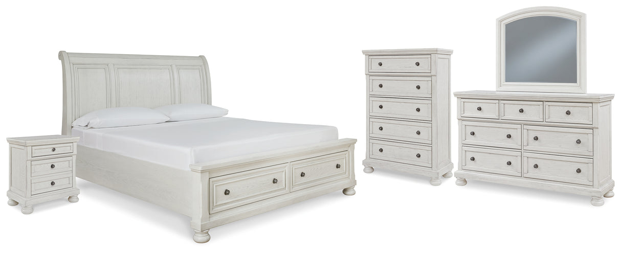 Robbinsdale 7-Piece Queen Sleigh Bed with Storage with Mirrored Dresser, Chest and Nightstand (Queen Storage Footboard, Queen Sleigh Headboard, Queen Rails with Roll Slats, Dresser, Bedroom Mirror, Chest of Drawers, Nightstand)