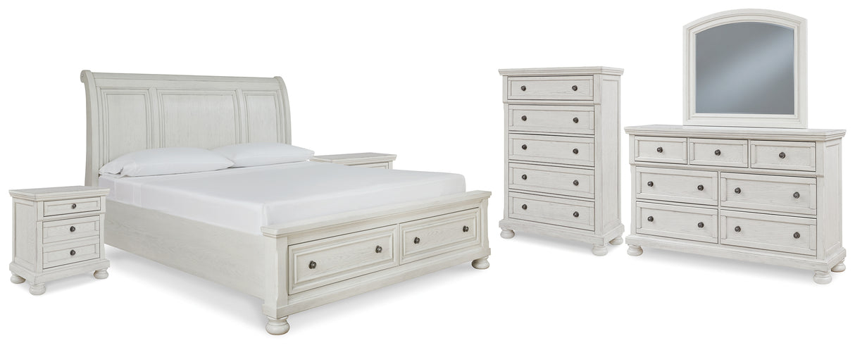 Robbinsdale 8-Piece Queen Sleigh Bed with Storage with Mirrored Dresser, Chest and 2 Nightstands (Queen Storage Footboard, Queen Sleigh Headboard, Queen Rails with Roll Slats, Dresser, Bedroom Mirror, Chest of Drawers, Nightstand, Nightstand)