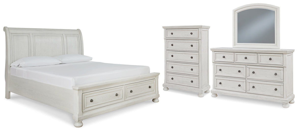 Robbinsdale 6-Piece Queen Sleigh Bed with Storage with Mirrored Dresser and Chest (Queen Storage Footboard, Queen Sleigh Headboard, Queen Rails with Roll Slats, Dresser, Bedroom Mirror, Chest of Drawers)