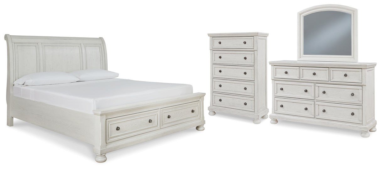 Robbinsdale 6-Piece King Sleigh Bed with Storage with Mirrored Dresser and Chest (King/California King Storage Footboard, King/California King Sleigh Headboard, King Rails with Roll Slats, Dresser, Bedroom Mirror, Chest of Drawers)