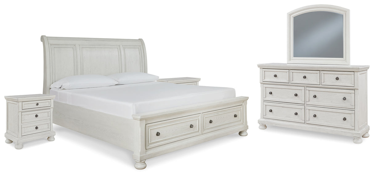 Robbinsdale 7-Piece Queen Sleigh Bed with Storage with Mirrored Dresser and 2 Nightstands (Queen Storage Footboard, Queen Sleigh Headboard, Queen Rails with Roll Slats, Dresser, Bedroom Mirror, Nightstand, Nightstand)