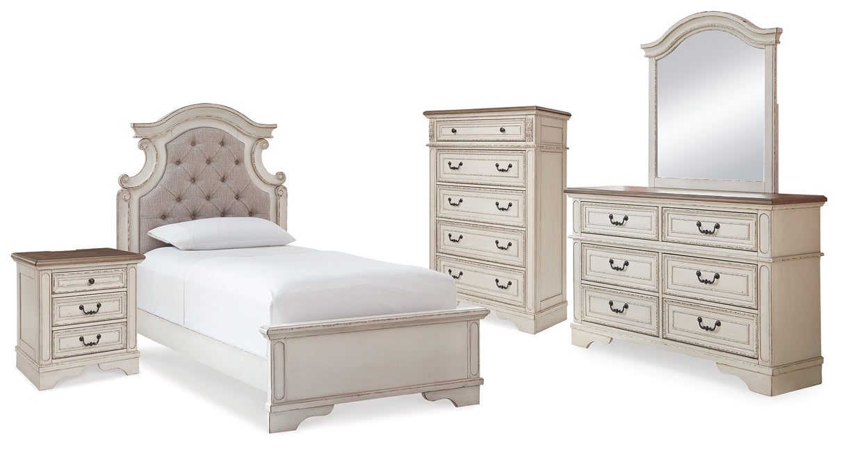 Realyn Twin Panel Bed, Dresser, Mirror, Chest and Nightstand (Bed Size: Twin)