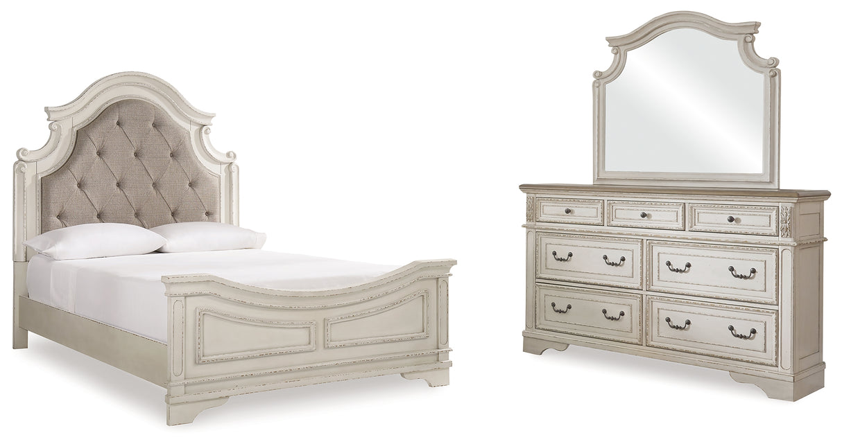 Realyn Queen Upholstered Panel Bed, Dresser and Mirror (Bed Size: Queen)