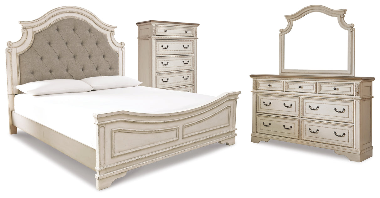 Realyn Queen Panel Bed, Dresser, Mirror and Chest (Bed Size: Queen)