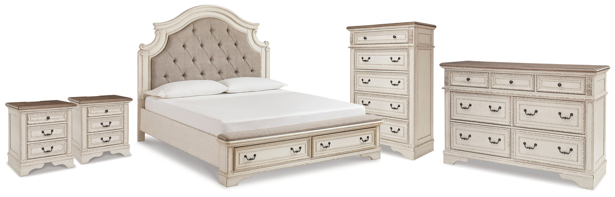 Realyn King Storage Bed, Dresser, Chest and 2 Nightstands