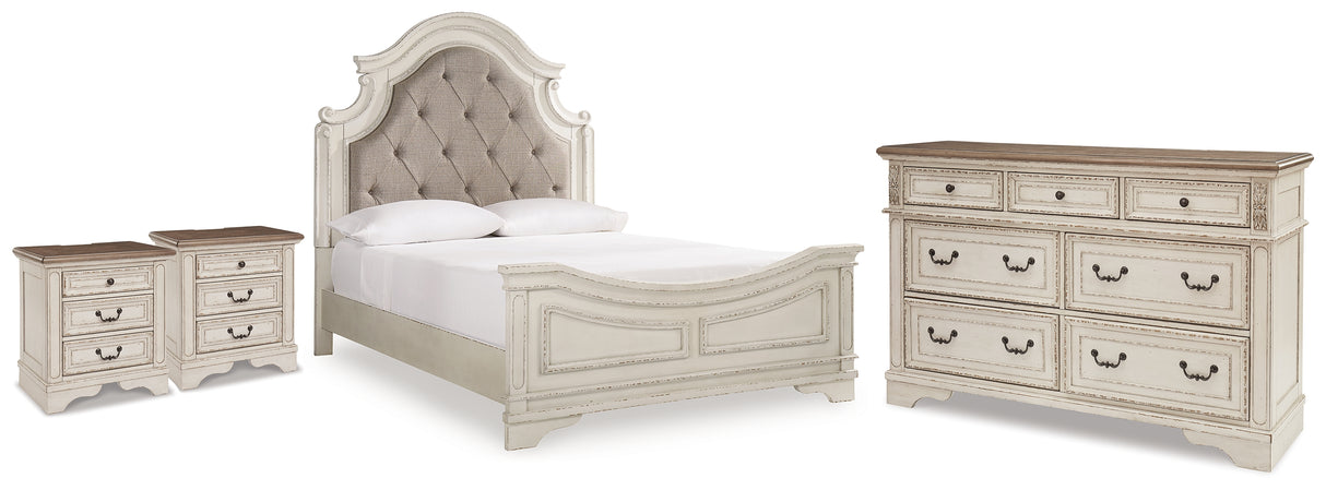 Realyn Queen Upholstered Panel Bed, Dresser and 2 Nightstands