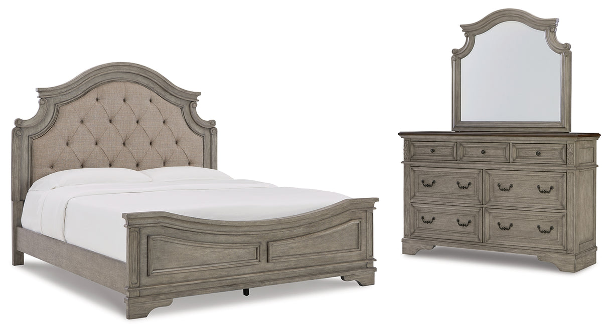 Lodenbay 5-Piece California King Panel Bed with Mirrored Dresser (King/California King Panel Footboard, King/California King Upholstered Panel Headboard, California King Panel Rails, Dresser, Bedroom Mirror)