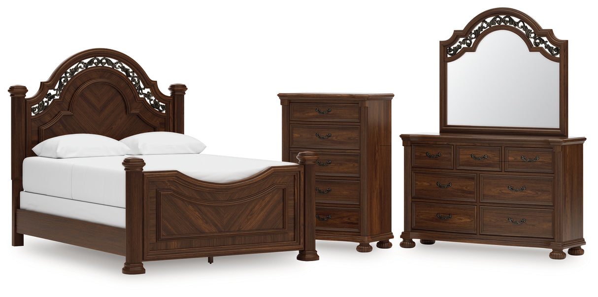 Lavinton 6-Piece Queen Poster Bed with Mirrored Dresser and Chest (Queen/King/California King Headboard/Footboard Posts, Queen Poster Headboard/Footboard Panels, Queen/King Rails, Dresser, Bedroom Mirror, Chest of Drawers)