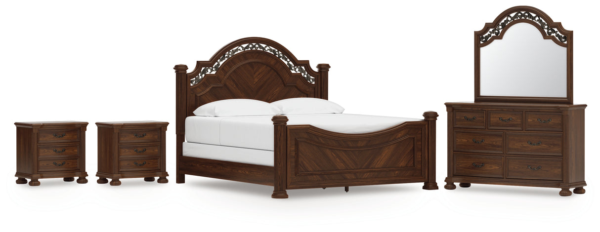 Lavinton 7-Piece King Poster Bed with Mirrored Dresser and 2 Nightstands (Queen/King/California King Headboard/Footboard Posts, King/California King Poster Headboard/Footboard Panels, Queen/King Rails, Dresser, Bedroom Mirror, Nightstand, Nightstand)