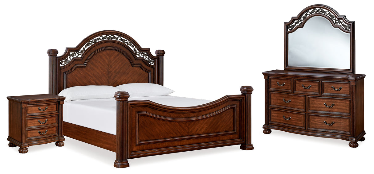 Lavinton 6-Piece California King Poster Bed with Mirrored Dresser and Nightstand (Queen/King/California King Headboard/Footboard Posts, King/California King Poster Headboard/Footboard Panels, California King Rails, Dresser, Bedroom Mirror, Nightstand)