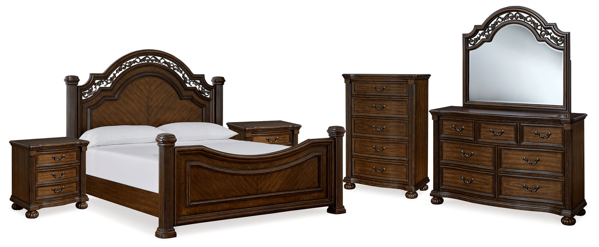 Lavinton King Poster Bed, Dresser, Mirror, Chest and 2 Nightstands (Bed Size: King)