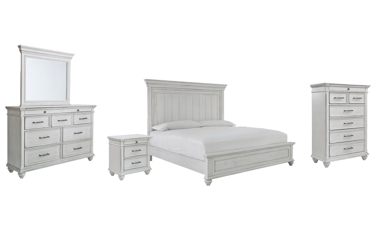 Kanwyn 7-Piece King Panel Bed with Mirrored Dresser, Chest and Nightstand (King/California King Panel Footboard, King/California King Panel Headboard, King Panel Rails, Dresser, Bedroom Mirror, Chest of Drawers, Nightstand)