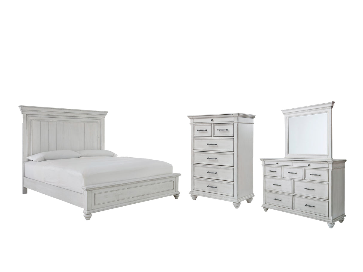 Kanwyn 6-Piece Queen Panel Bed with Mirrored Dresser and Chest (Queen Panel Footboard, Queen Panel Headboard, Queen Panel Rails, Dresser, Bedroom Mirror, Chest of Drawers)