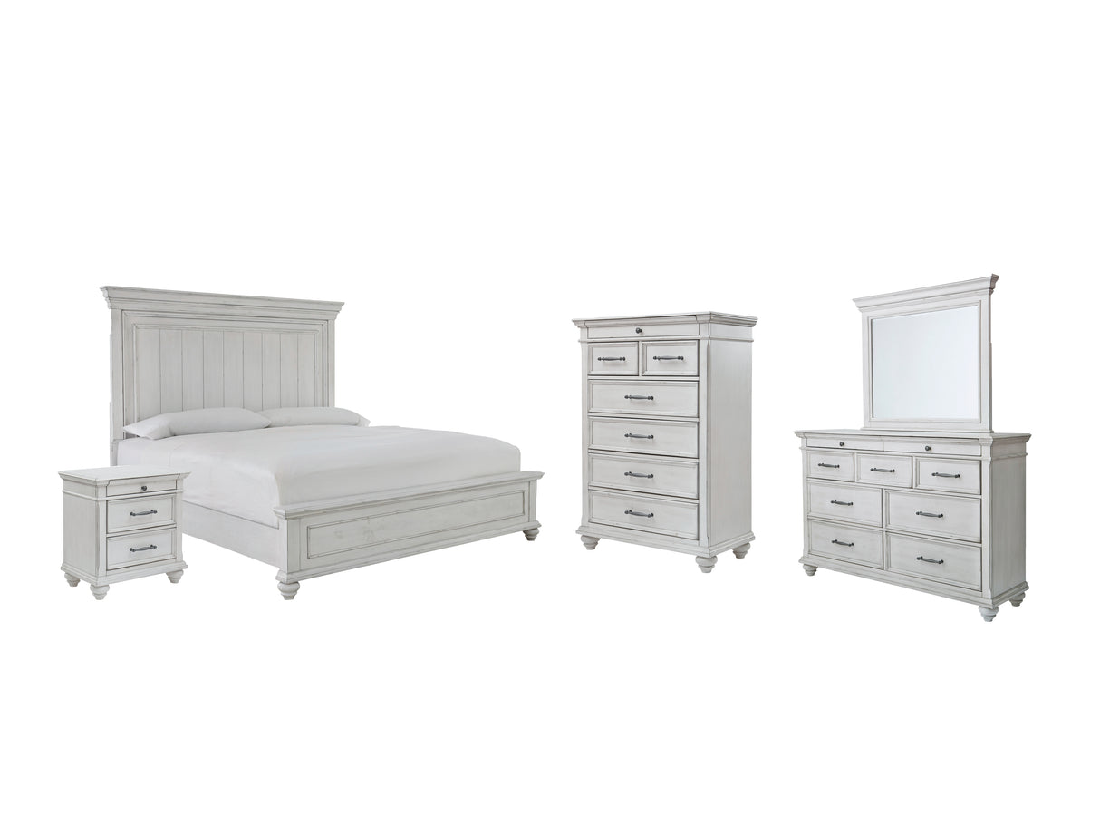 Kanwyn 7-Piece Queen Panel Bed with Mirrored Dresser, Chest and Nightstand (Queen Panel Footboard, Queen Panel Headboard, Queen Panel Rails, Dresser, Bedroom Mirror, Chest of Drawers, Nightstand)