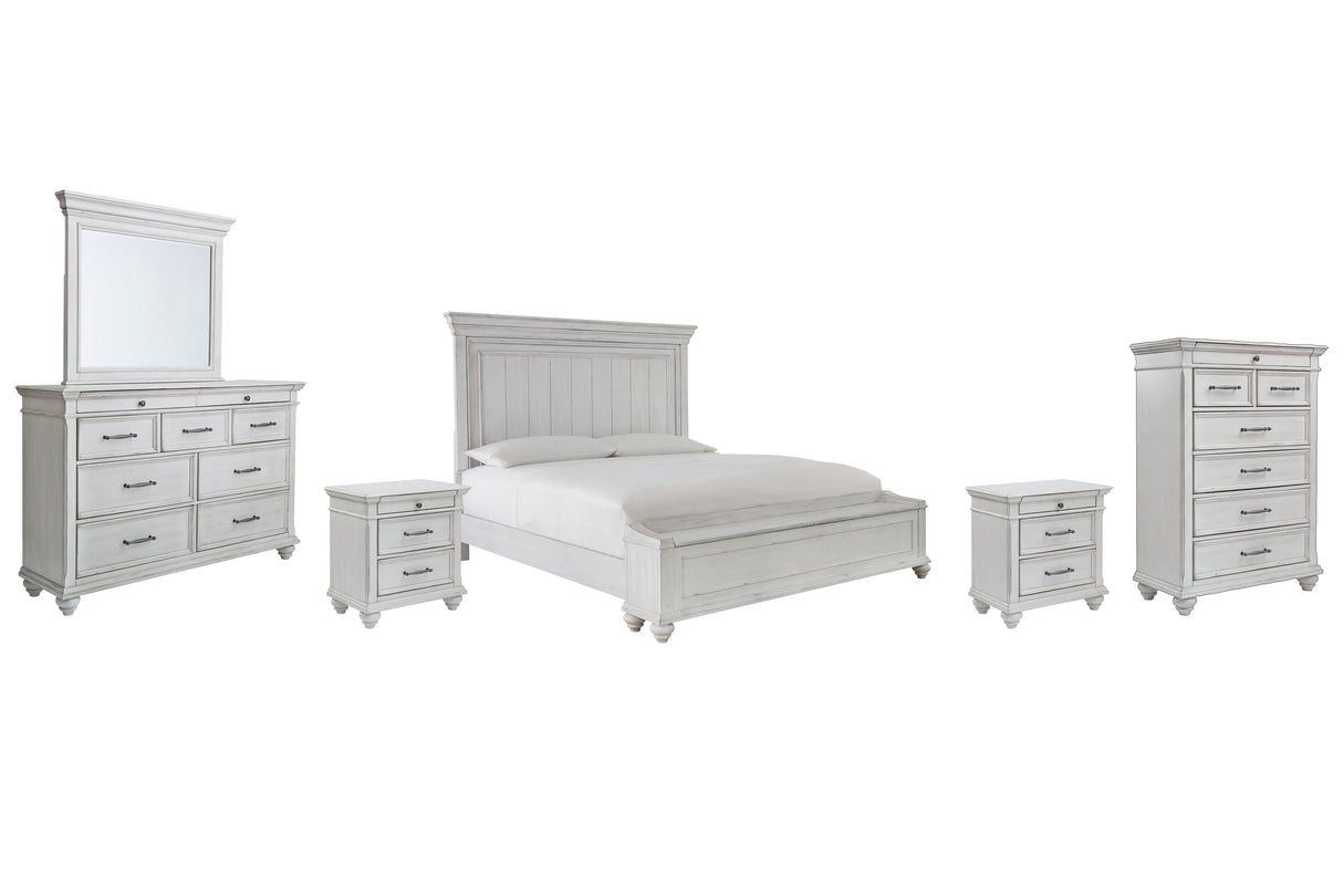 Kanwyn 8-Piece King Panel Bed with Storage with Mirrored Dresser, Chest and 2 Nightstands (King/California King Storage Footboard, King/California King Panel Headboard, King Panel Rails, Dresser, Bedroom Mirror, Chest of Drawers, Nightstand, Nightstand)