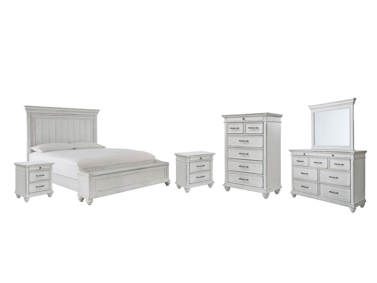 Kanwyn 8-Piece Queen Panel Bed with Storage with Mirrored Dresser, Chest and 2 Nightstands (Queen Storage Footboard, Queen Panel Headboard, Queen Panel Rails, Dresser, Bedroom Mirror, Chest of Drawers, Nightstand, Nightstand)