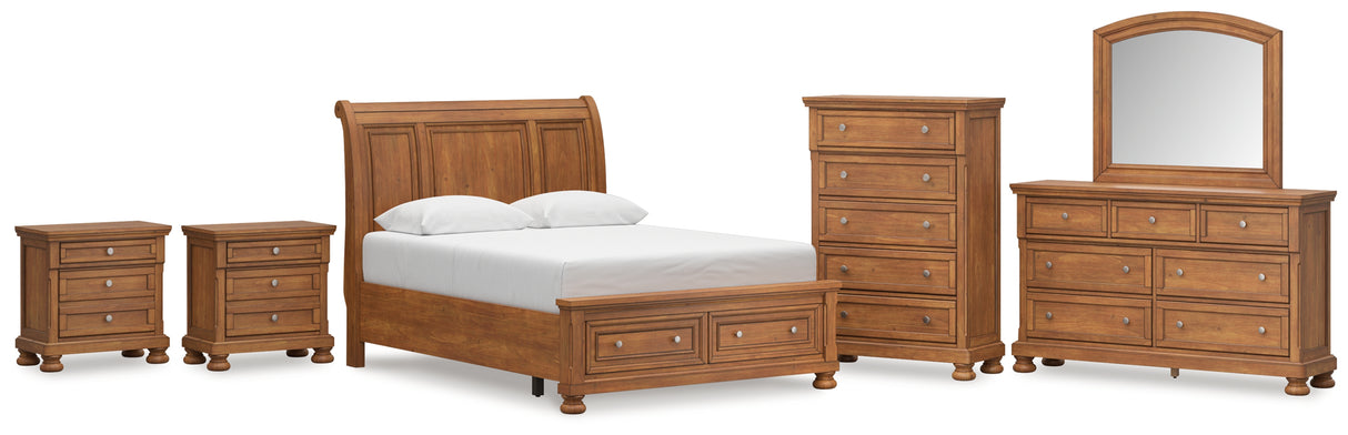 Feddinger 8-Piece Queen Storage Sleigh Bed with Mirrored Dresser, Chest and 2 Nightstands (Queen Storage Footboard, Queen Sleigh Headboard, Queen Rails with Roll Slats, Dresser, Bedroom Mirror, Chest of Drawers, Nightstand, Nightstand)